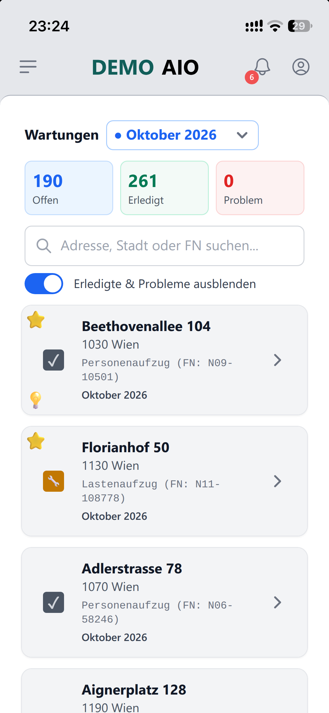 Fällige Wartungen des Monats in der App
